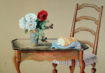 Bouquet of Roses, Blackberries and a Loaf of Bread, 1988 (gouache)