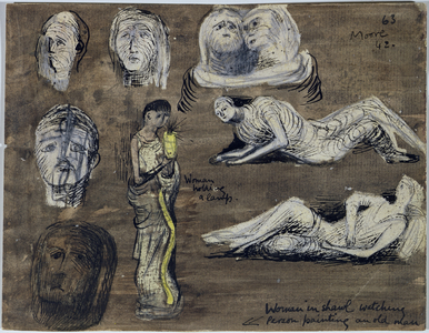 Woman Holding a Lamp with Six Head Studies and Two Reclining Figures, 1942 (ink, w/c & gouache on paper)