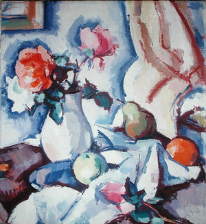 Roses in a White Vase (oil on canvas)