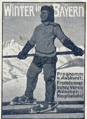A skier, team against the cold, looks at the snow panorama - Illustrated vignette, reclaims for winter in Baviere (Germany), beginning 20th century