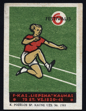 An athlete has the long jump test (green colour) - Illustrated vignette, claimed for the 6th festivalis, F-Kas Liepsna, in Kaunas (Poland), beginning 20th century