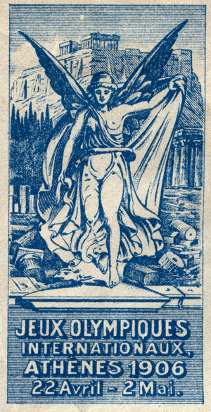 Athena Nike devant l'Acropole d'Athenes - Vignette illustree pour les Jeux Olympiques Internationaux d'Athenes (Grece), 1906