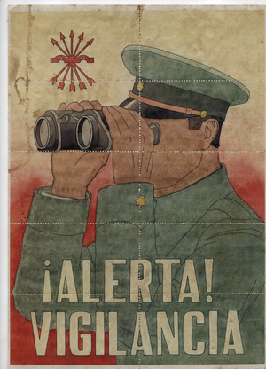 Spanish War (1936-1940): a military man watches the horizon with binoculars, with the acronym of the Spanish phalanges - Prevoupee of Capones de racionamento (rationing coupons, exchange vouchers, paper with no value of money to replace banknotes, issued after the Civil War, from 1940), 21x29,7 cm, divisible in coupons of 10 coupons to cut, Spain, 1936-1939
