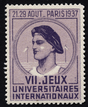 Face of a young athlete wearing a beret - Vignette illustree by Mr. Ricaud, reclaimed for the 7th international university games, Paris (France), August 21-29, 1937
