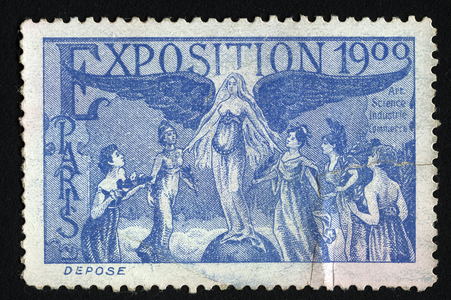 Women, allegories from five continents gather around an angel posing on a globe, symbol of arts, science, industry and commerce - Vignette illustree, reclaimed for the Paris exhibition, 1900