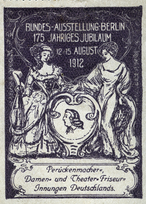 Two women stand around the portrait of a man - Illustrated vignette, claimed for the federal exhibition of the Wigs Guild, Berlin (Germany), 1912