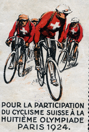 The team of cyclists, with their jersey in the colours of the Swiss flag, on the occasion of their participation in the Olympic Games - Vignette illustrated for the 8th Olympiad in Paris (France) 1924 Collection OL/Leemage