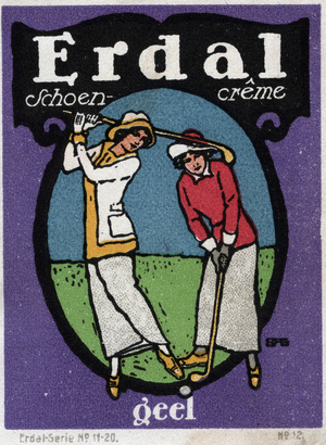 Two elegantly young women play golf - Illustrated vignette, claimed for Erdal Schoen creme (shoe polish, Geel (Belgium), early 20th century