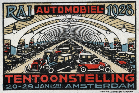 View of the cars presented under a monumental hall - Vignette illustree, reclaimed for the Amsterdam Motor Show (Netherlands), 1928