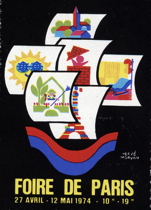 Le navire blason de la ville de Paris, avec les voiles présentant les différents secteurs de l'exposition - Vignette illustrated by Herve Morvan (1917-1880), reclame pour la Foire de Paris, du 27 avril au 12 mai 1974