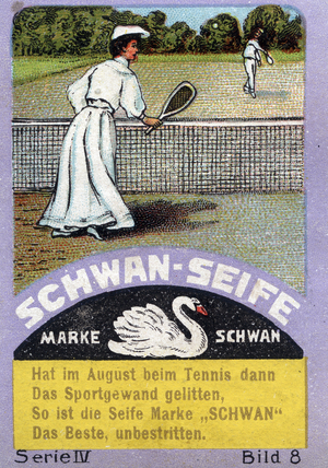 An elegant couple plays tennis - Illustree vignette, claimed for the writing material from Schwan (Germany), beginning 20th century