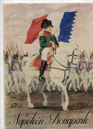 Portrait of Napoleon I (1769-1821), on his horse at the head of the Great Armee - Plate predecoupee of Capones de racionamento (rationing coupons, exchange vouchers, paper with no value of money to replace banknotes, issued after the Civil War, from 1940), 21x29,7 cm, divided into coupons of 10 vouchers to per, Spain, 20 th century