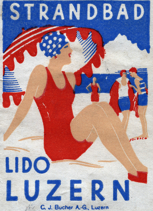 A young woman under a parasol enjoys the beach of the lake- Illuminated vignette of Solbach, claims for Strandbad Lido Luzern (Lucerne, Switzerland), 20th century
