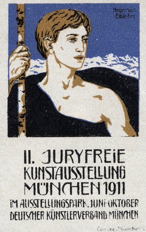 Portrait of a young shepherd in front of a mountain landscape - Illustrated vignette by Hegenbart Elbleiten, reclaimed for the free art exhibition in Munich (Germany), 1911