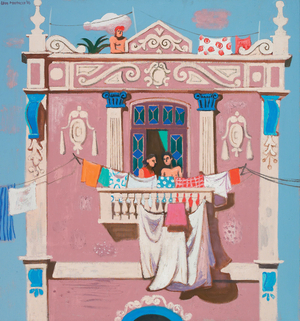 Conversation behind the washing (oil on canvas)