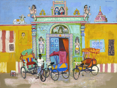Little temple & rickshaws (oil on canvas)