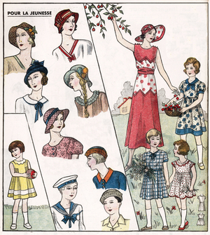 French fashion, 1932: feminine fashion (dress) and childish fashion (dresses and hats). In “Le petit echo de la mode”, 1932.