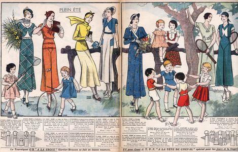 French fashion, 1932: feminine fashion (dress, bolero, skirt, jacket, cape) and childish fashion (dress for girls, sweater, panties and blouse for boys). Children's games: butterfly net, hoop and round. In “Le petit echo de la mode”, 1932.