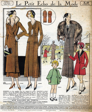French fashion, 1931: feminine fashion (paletot, dress and coat) and childish fashion (coat). In “” Le petit echo de la mode””, October 4, 1931.