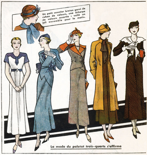 French feminine fashion, 1933: pallets and hats (canoeists). In “Le petit echo de la mode”, 1933.