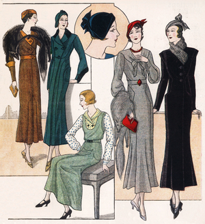 French feminine fashion, 1932: dress, hats and coats with a “fox tie”. In “Le petit echo de la mode”, 1932.
