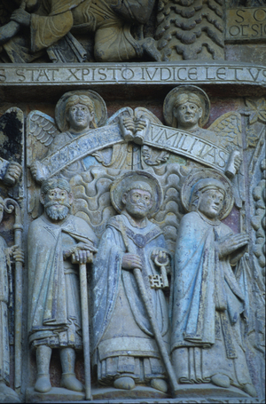 Romanesque art: representations of the Virgin Mary (right) and Saint Peter (in the middle) holding the key of Paradise. Detail of the eardrum of the abbey Sainte Foy (Sainte-Foy) of Conques representing the Last Judgement (11th and 13th centuries). Aveyron (12).