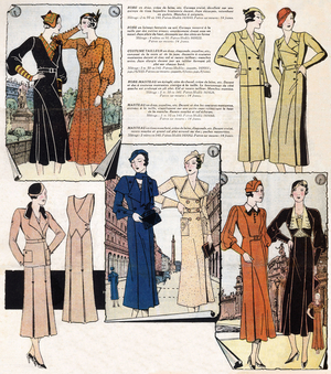French feminine fashion, 1933: dresses, suit suit suit, coat dress, coats. In “Le petit echo de la mode”, 1933.