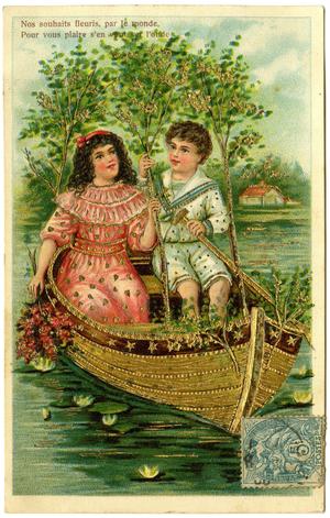 Two children taking a boat trip. Postcard early 20th century.
