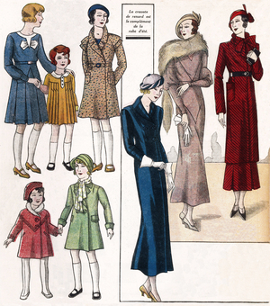 French fashion, 1932: feminine fashion (dress, hats, coats with a “fox tie”) and childish fashion (dress and coats). In “Le petit echo de la mode”, 1932.