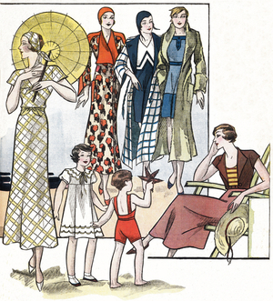 French feminine and child fashion, 1933: beach outfits (including swimwear). In “Le petit echo de la mode”, 1933.
