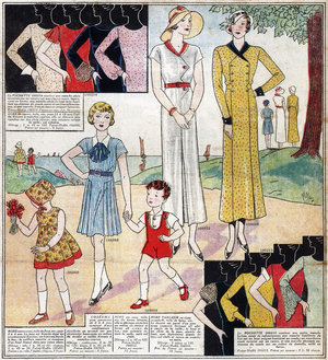 French fashion, 1932: feminine fashion (dress, dress suit and different types of sleeves) and childish fashion (dress for girls, suit and shirt for boys) In “” Le petit echo de la mode””, 1932.