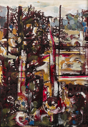 View beyond a fence, c.1950 (oil, gouache & pen & ink on paper)