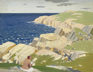 Seated woman sketching, Devon coast, 1940s (oil on paper)