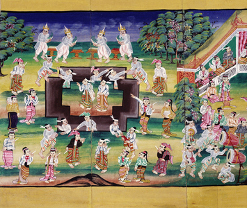 Merit making scene, page from a manuscript (gouache on paper)