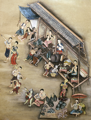 Folk painting depicting a market scene (w/c on paper)