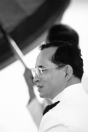 King Bhumibol Adulyadej of Thailand, 1987 (b/w photo)