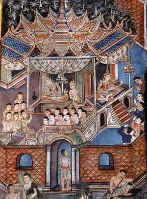 Detail of the murals of Viharn laikam portraying the Sang Thong Tales (mural)