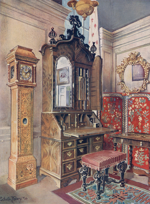 A Group of Early Eighteenth-Century Furniture. Walnut Cabinet-Top Scrutoire. Inlaid Sycamore ('Yellow') Clock. Caeved Tabouret