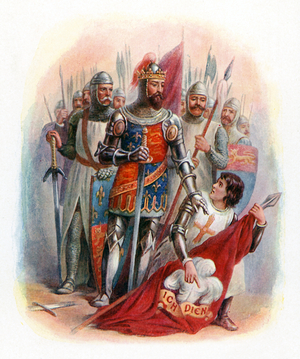 The Black Prince finding the King of Bohemia's banner on the battlefield at Crecy