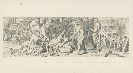William stumbles as he lands, but, grasping the earth with his hand, calls out that he thus takes possession of the English Soil, & so reassures his followers, who regarded his fall as an ill omen, illustration from 'The Norman Conquest', 1866 (litho)