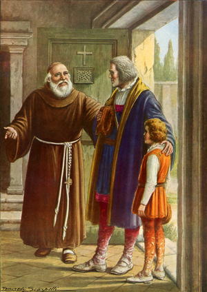 The guardian of Rabida welcoming Cristopher Columbus and his young son