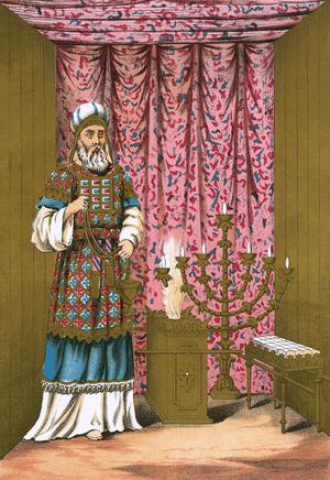 The hight priest, with his ephod and breastplate, in the holy place