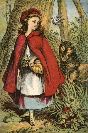 The wolf follows Red Riding Hood