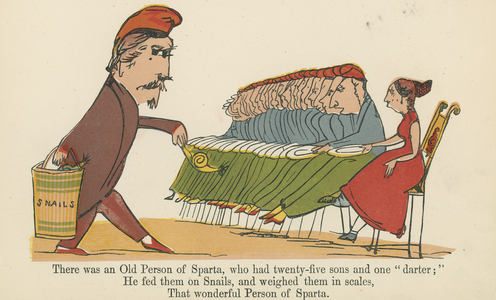 "There was an Old Person of Sparta, who had twenty-five sons and one 'darter'", from 'A Book of Nonsense', published by Frederick Warne and Co., London, c.1875 (colour litho)