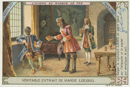 Man with the iron mask, Liebig card, early 20th century (chromo)