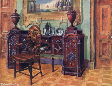 Carved Mahogany Pedestal Sideboard. Oval Wheel-Back Master's Chair