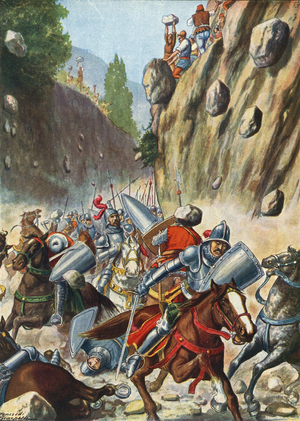 The troops of Count Lando being attacked by peasants