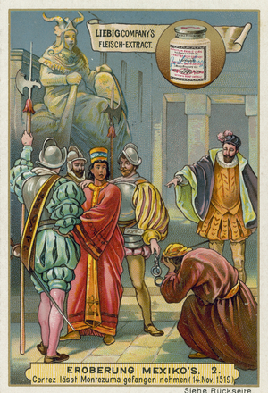 Conquest of Mexico: Cortes arresting the king Montezuma II, 1519 (chromo)