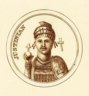 Justinian, illustration from 'The Universal Historical Dictionary' by George Crabb, published 1825 (digitally enhanced image)