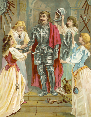 Christian in the Armoury receiving his weapons from Discretion, Piety, Charity and Prudence